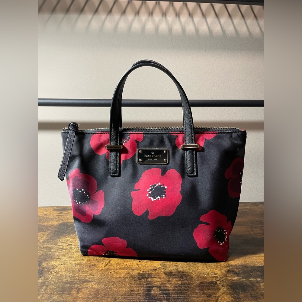 kate spade Black & Red Poppy Print Nylon satchel